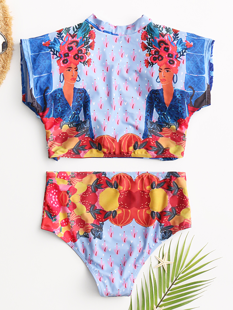 Women Tropical Leaves Print Swimsuit String Short Sleeve High Waist Bikini