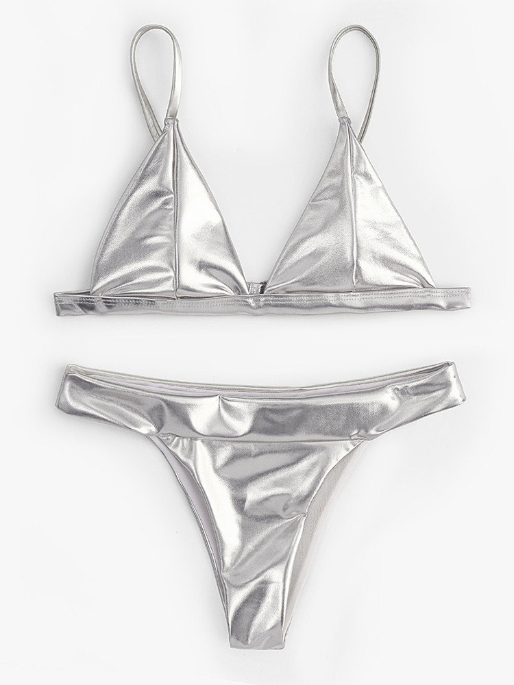 Women Triangle Bronzing Solid Color Thong Bikini