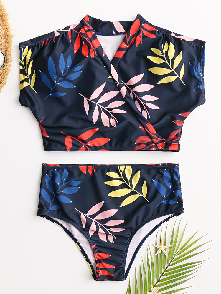 Women Tropical Leaves Print Swimsuit String Short Sleeve High Waist Bikini