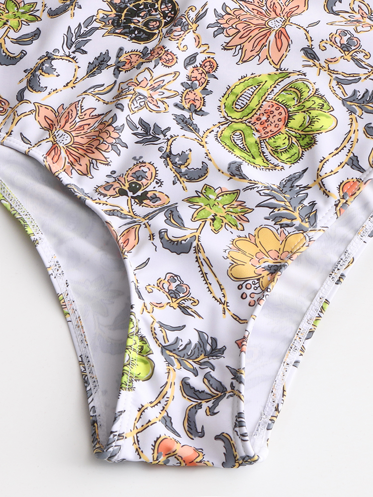 Women Design Floral Print String Ruffles Straps One Piece Backless Swimwear