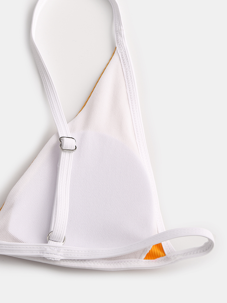 Women Triangle Rib Solid Color Thong Bikini Backless Swimwear