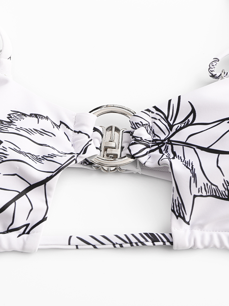 Women Simple Plant Print Hollow Ring Backless Swimsuit Thong Bikini For Swimming