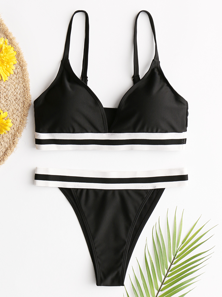 Women Striped Trim Spaghetti Straps Backless Bikini Thong Swimsuit