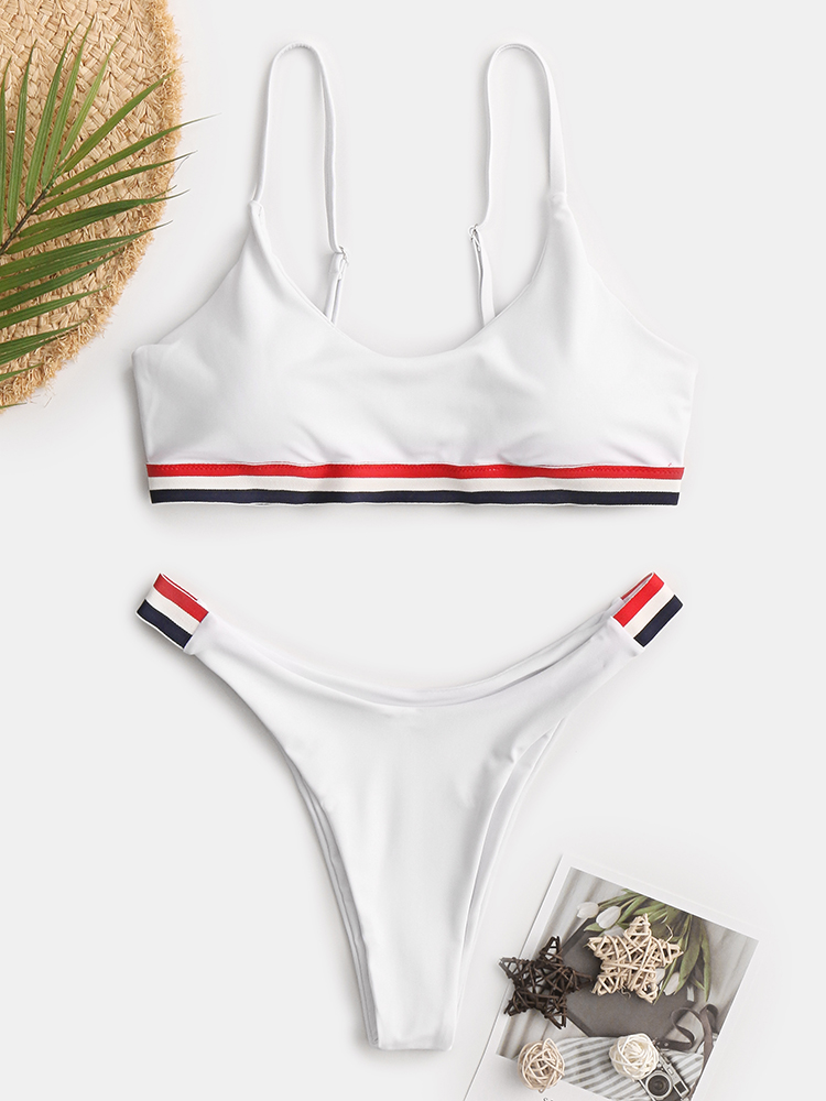 Women Striped Trim Swimwear Thong Bikinis