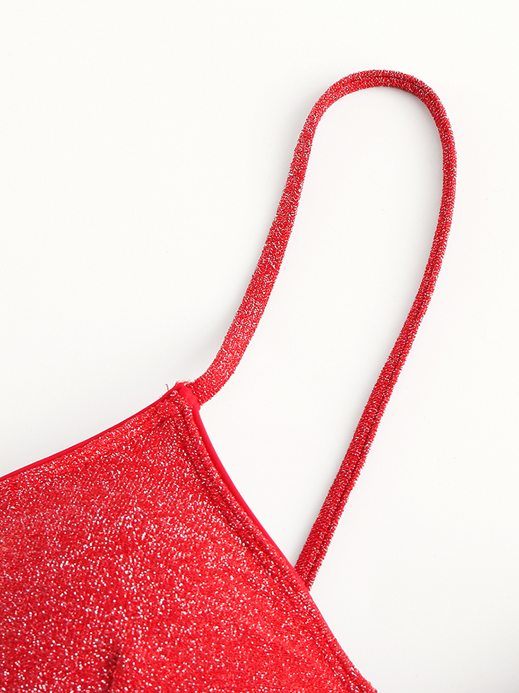 Women Solid Color Back Tie Spaghetti Straps Backless Swimwear Thong Bikini