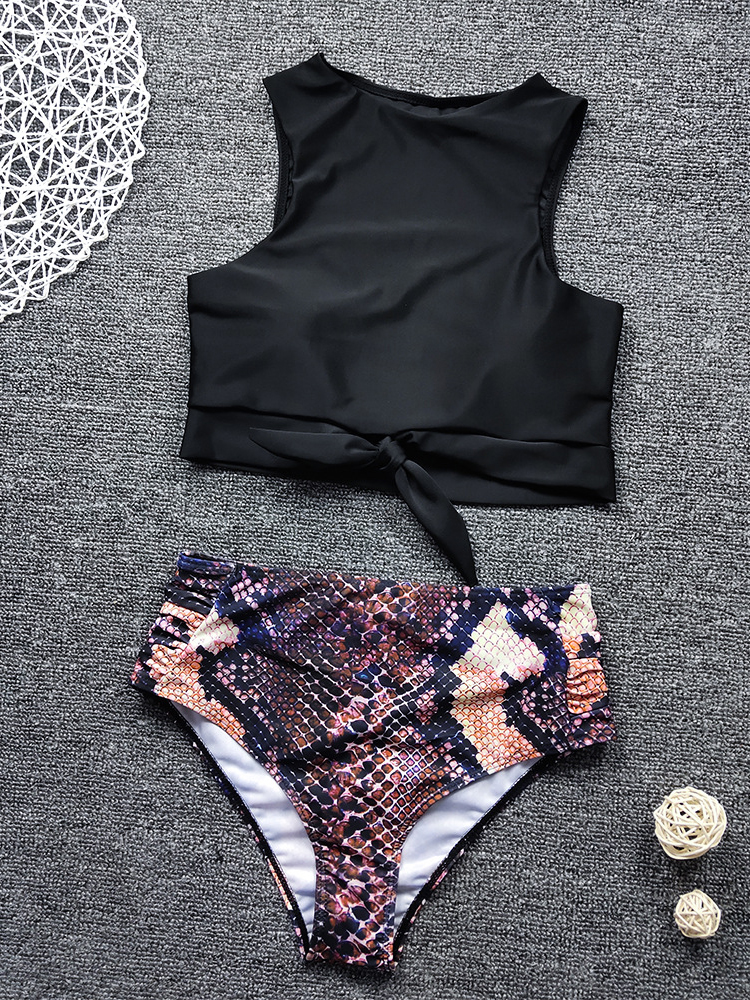 Women Leopard Print Tie Front High Neck Hot High Waist Bikini
