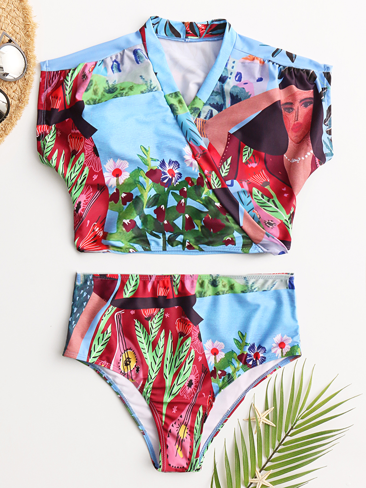 Women Tropical Leaves Print Swimsuit String Short Sleeve High Waist Bikini