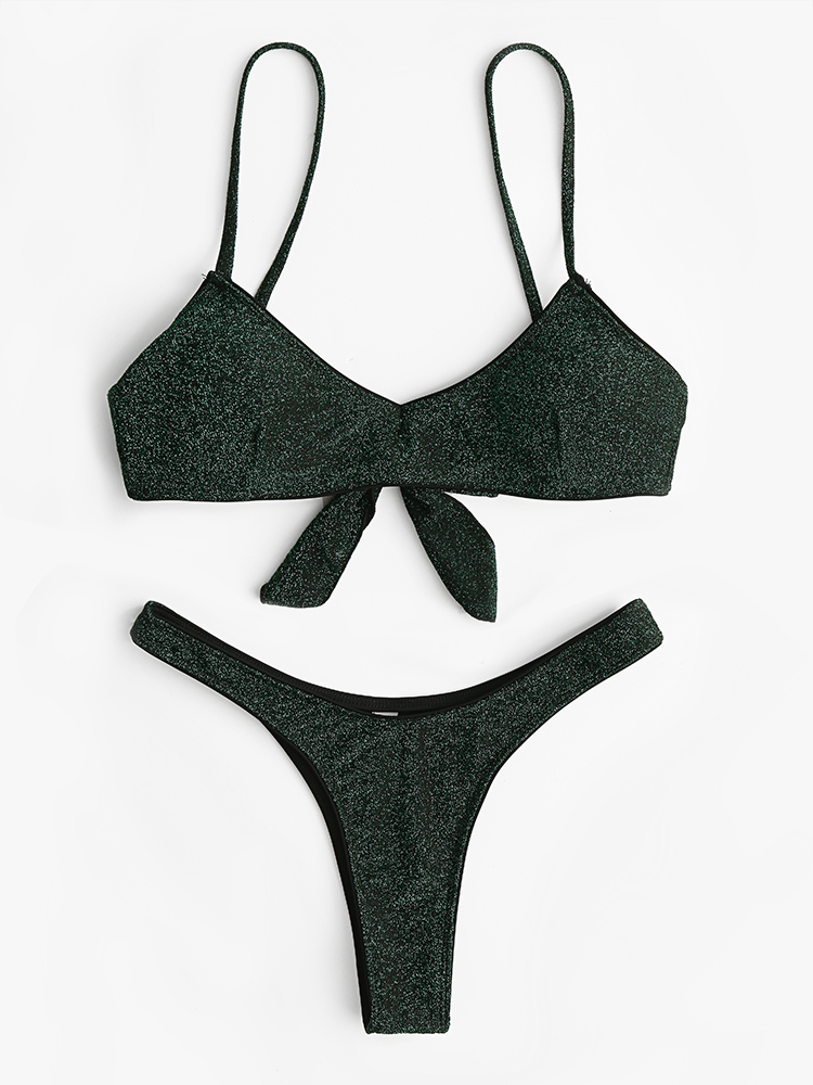 Women Solid Color Back Tie Spaghetti Straps Backless Swimwear Thong Bikini